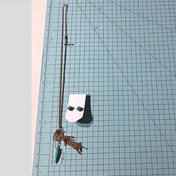 Gold Tone Turquoise Charm Necklace and Stud Earrings Set - Picture 5 of 5